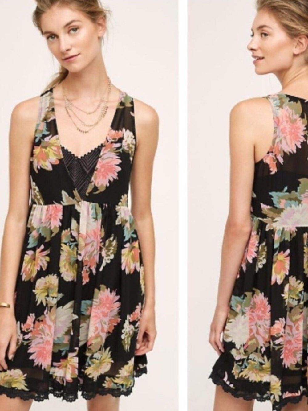 Maeve Anthropologie Black Floral Lace Trim Sleeveless Mini Dress Small